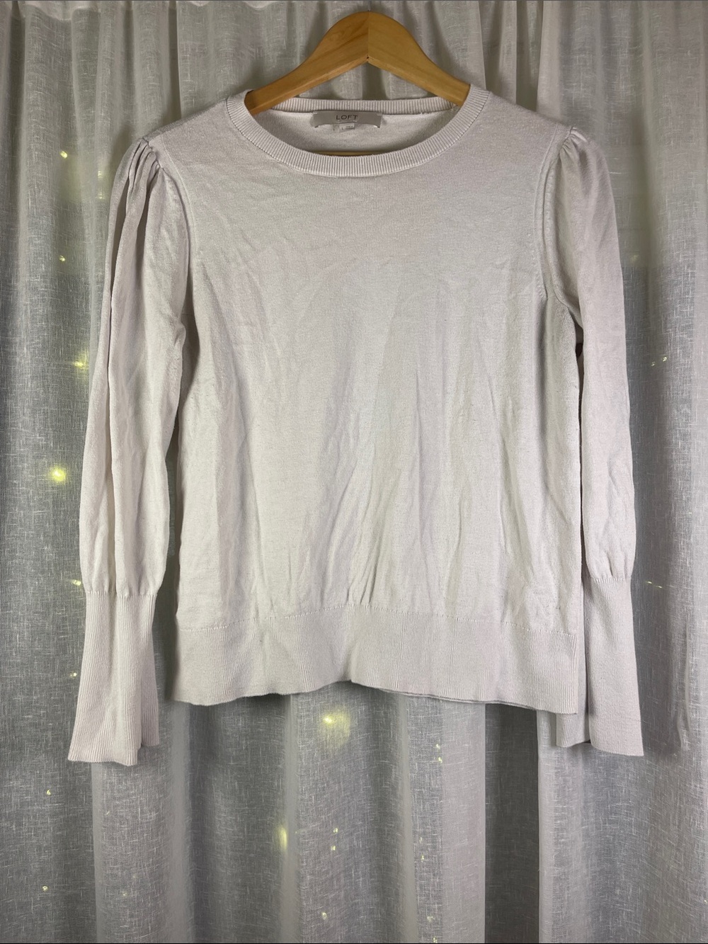 LOFT Muted Cream Puff Sleeve Crewneck Sweater